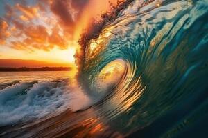 el grande Oceano ola golpear el apuntalar a puesta de sol. generativo ai foto
