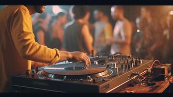 Dj playing music on a turntable in front of a crowd at festival, closeup photo. photo