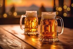pint on a wooden table in the golden light of a summer sunset with photo