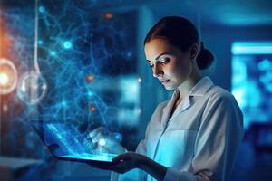 A woman in a lab coat using a tablet computer. photo