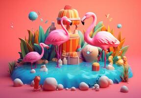 3d flamingo with beach accessories and sunscreen on the water. photo