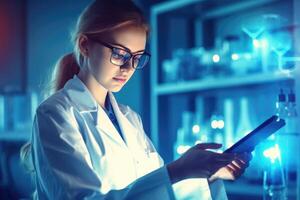 A woman in a lab coat using a tablet computer. photo