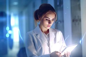 A woman in a lab coat using a tablet computer. photo