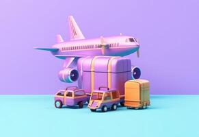 3d rendering of luggage and an airplane, flat background. photo