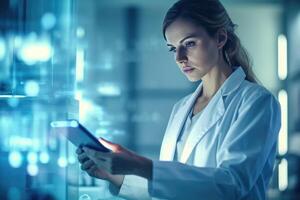 A woman in a lab coat using a tablet computer. photo