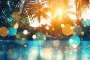 Summer tropical beach background with palm leaves, sparkling water reflections. photo