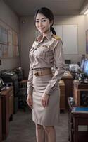 asiático mujer tailandés profesor a colegio en caqui traje uniforme, generativo ai foto