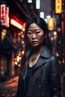 asiático mujer a calle noche , generativo ai foto