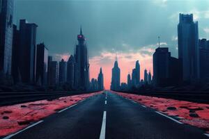 Shanghai cityscape with empty road and skyline in the distance. photo