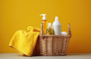 Towels, shampoo and soap in a basket against yellow wall. photo