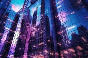 Office buildings in financial district with night lights and sky reflected on modern glass walls of skyscrapers. photo