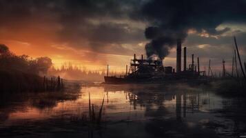 An industrial site at sunset with water and smoke. Photo that draws attention to air pollution.