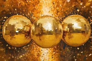 Disco balls image in gold on golden background. photo