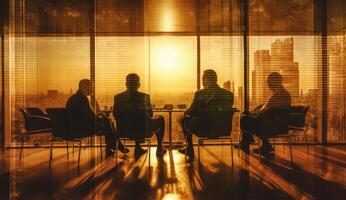 A blurred image of business people in an office, silhouette figures. photo