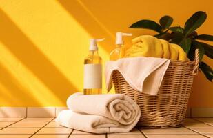 Towels, shampoo and soap in a basket against yellow wall. photo