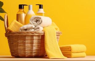 Towels, shampoo and soap in a basket against yellow wall. photo