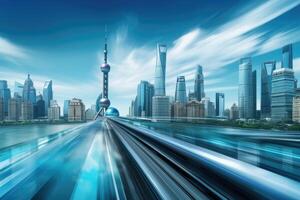 Shanghai cityscape with empty road and skyline in the distance. photo