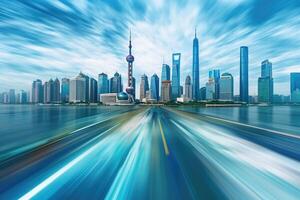 Shanghai cityscape with empty road and skyline in the distance. photo