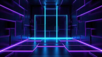 The front door of a room with fluorescent beams of light. Futuristic geometric abstraction, neon lights background. photo