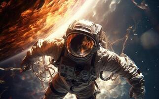 Astronaut in space in a wide angle photo with