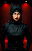 woman in black ninja suit at dark room, photo