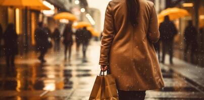 mujer con compras pantalones caminando en calle. generativo ai foto