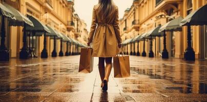 mujer con compras pantalones caminando en calle. generativo ai foto