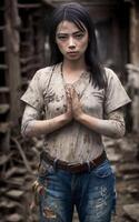 pobre asiático mujer sawasdee levanta manos juntos en un oración actitud , generativo ai foto