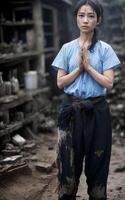 poor asian woman sawasdee raises hands together in a prayer pose , photo