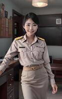 asian woman Thai teacher at school in khaki suit uniform, photo