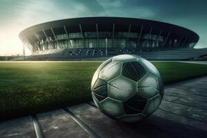fútbol pelota en frente de el estadio. generativo ai foto