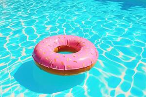 rosado rosquilla flotador en nadando piscina. generativo ai foto