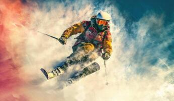 Skier jumping on a snowy mountain. photo