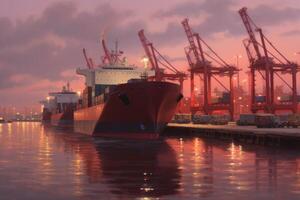 Container ships docked in a port at sunset. photo