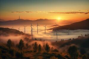 Wind turbines in the mountains at sunset. photo