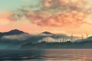 Wind turbines in the mountains at sunset. photo