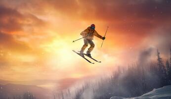 Skier jumping on a snowy mountain. photo