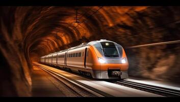 un tren exceso de velocidad mediante un túnel con movimiento. generativo ai foto