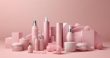 Makeup cosmetics and products mockup, pink background. photo