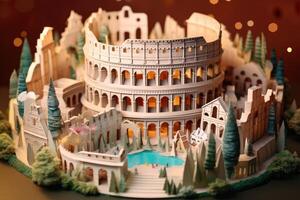 Multi dimensional paper kirigami craft, paper art, The Colosseum Rome illustration. photo