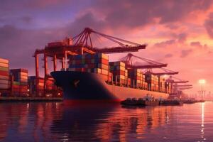 Container ships docked in a port at sunset. photo