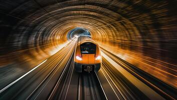 un tren exceso de velocidad mediante un túnel con movimiento. generativo ai foto