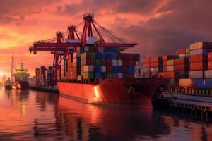 Container ships docked in a port at sunset. photo