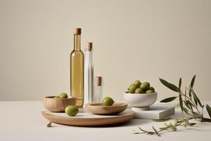 Mockup of olive and olive oil bottle on a soft background. photo