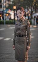 hermosa asiático Tailandia policía mujer a calle, generativo ai foto