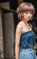 naughty young thai asian woman with trending fashion style cloth , photo