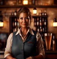 retrato foto de medio Envejecido barman americano mujer a occidental bar, generativo Arte por ai