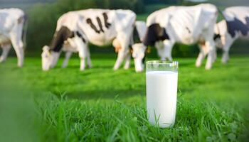 A cup of milk on the Green grasses. World Milk Day concept. . photo