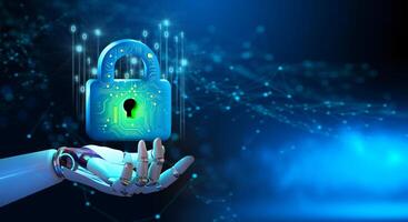 Robot hand holding Padlock with Keyhole on Smartphone. Modern safety digital Concept. . photo