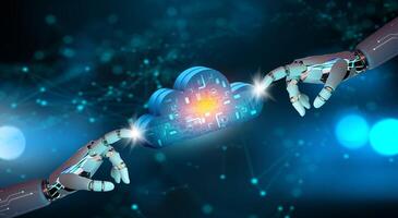 Robot hands pointing Cloud computing technology internet storage network. . photo